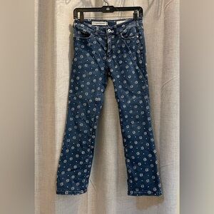 Pilcro Anthropologie High-Rise Bootcut Jeans with White Embroidered Pattern